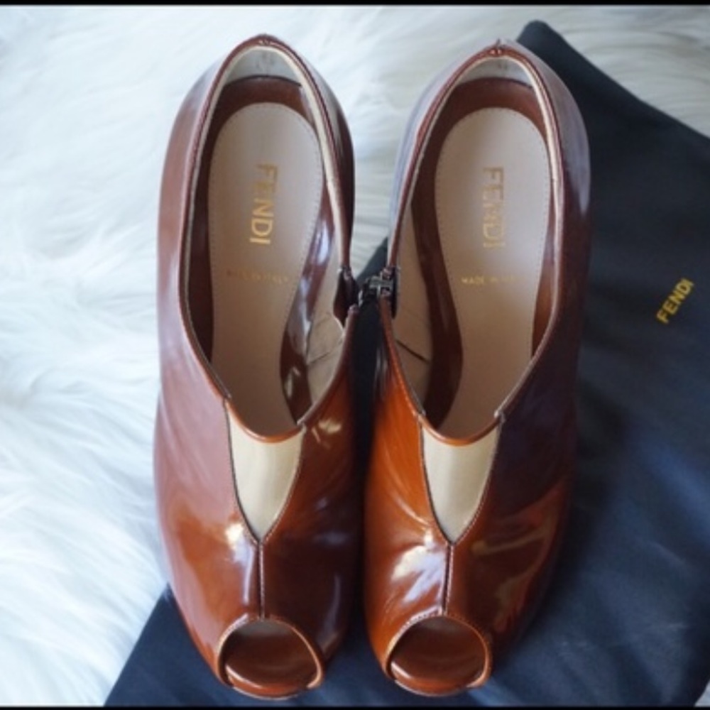 FENDI brown patent leather booties with mesh panel